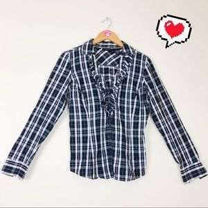 New York & Company Plaid Ruffle Button Up Top C119